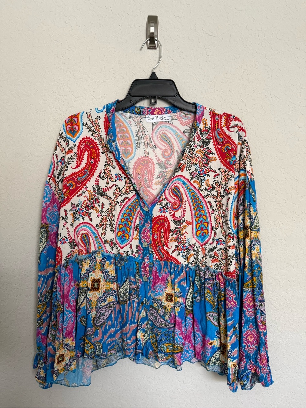 Gigi Moda Italy Paisley Print Peplum Babydoll Blouse One Size Boho Hippie 70s